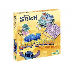 Set jocuri de societate, Game Compedium - STITCH, 4 planse dimensiuni 26 x 26 cm, 16 pioni, 3 zaruri, un pachet de carti de joc cu Stitch